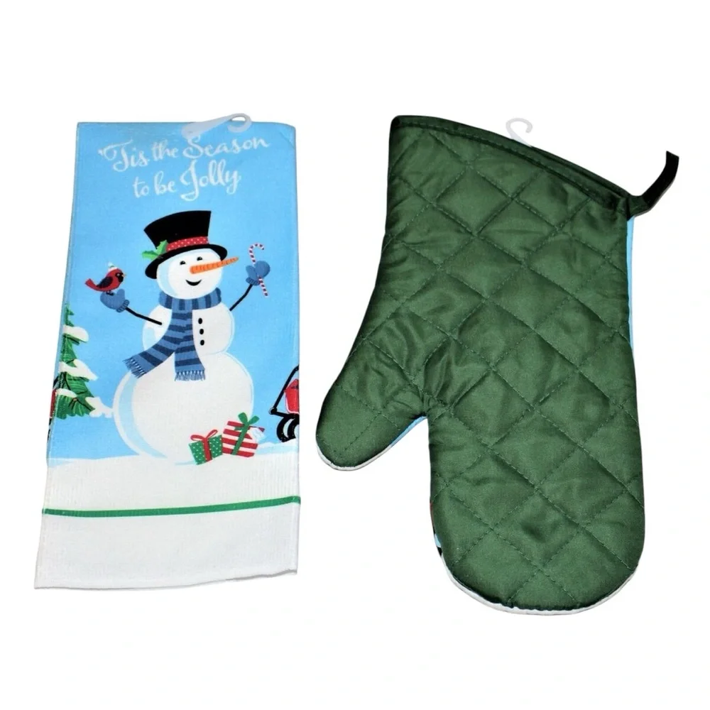 Holiday Snowman‎ Kitchen Towel and Mitt Potholders - Tis The Season to be Jolly